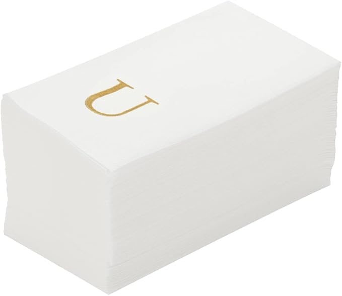 Luxenap 15.8 X 7.9 Inch Linen-Feel Guest Towels, 50 Lettered Hand Towels - Gold Letter 'U', Sans Serif Font, White Paper Dinner Napkins, airlaid, For Restrooms And Tables