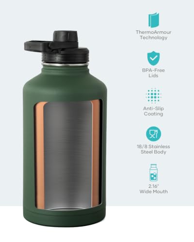 Half Gallon Water Jug Insulated Stainless Steel (64 Ounces / Jungle Green)
