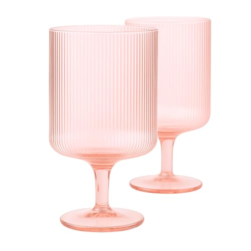 Ripple Textured Blush Pink Stemmed Glass Wine Goblets