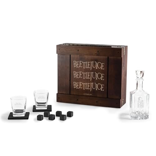 Beetlejuice Whiskey Box Gift Set with Glass Decanter Includes Glasses Stones and Coasters Parawood Collector Drinkware Display Set
