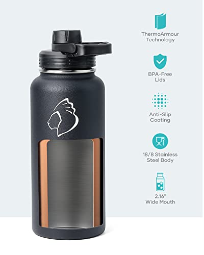 32 oz Water Bottle Insulated with Straw & 3 Lids (32 Ounces / Black)