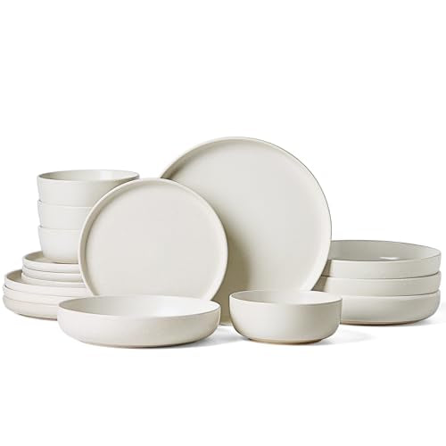 Milkyway 16 Piece Stoneware Dinnerware Set (Matte Beige White / Service for 4 (Include Pasta Bowls))