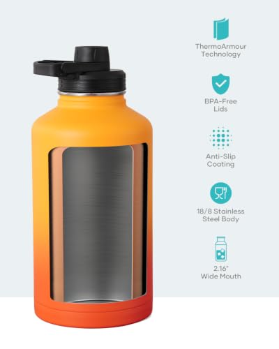 Half Gallon Water Jug Insulated Stainless Steel (64 Ounces / Yellow Orange)