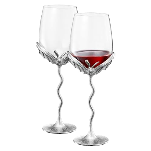 Silver Bat Wine Glasses Set of 2 Gothic Goblets with Alloy Steel Stems and Borosilicate Glass Unique Spooky Barware for Wine Lovers Dining Parties Holiday Gift Collectible Display (2 Count)