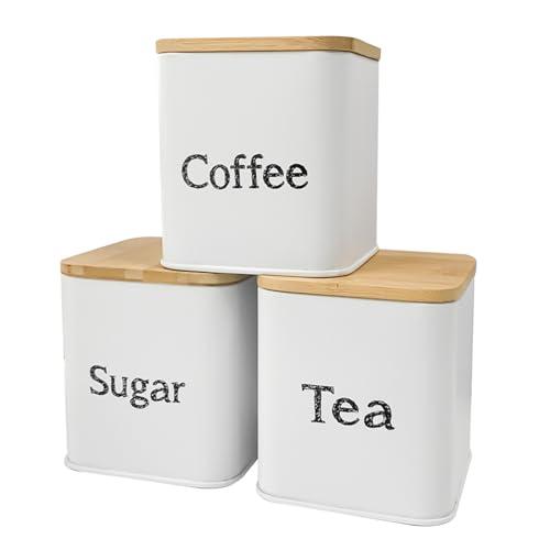 Bread Box with 3pcs Jars Coffee Sugar Tea for Kitchen Countertop White Metal Bread Box with Bamboo Board Cover Pastry Storage Container Set Kitchen decor (White Bread Box Set)