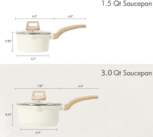 CAROTE 1.5Qt & 3.0Qt Sauce Pan Set with Lid Nonstick Saucepan 4 Pcs Non Stick Sauce Pots Cooking Pot with Pour Spout, Easy to Clean, Small Kitchen Pots Induction Pot, PFOA FREE (White Granite)