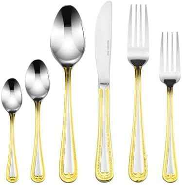 Venezia Collection Gold Flatware Serving Set for 12, 75-Pc Luxury Dining Silverware Cutlery Service, 24 Kt 18/10 Premium Surgical Stainless Steel Hostess Set in a Wooden Storage Case Chest