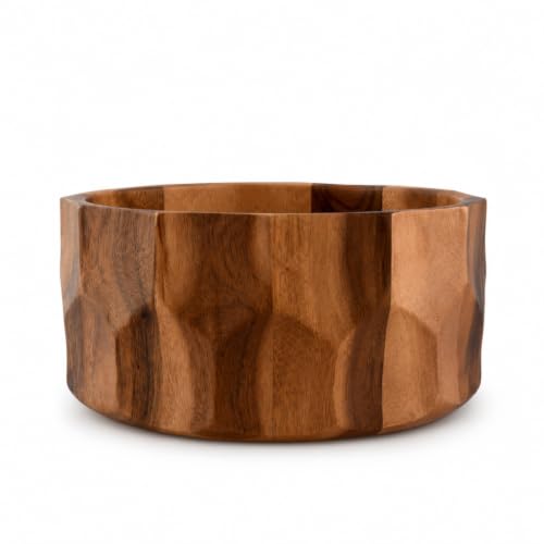 Large Diamond Pattern Acacia Wood Salad Serving Bowl (6" Tall x 12" Diameter)