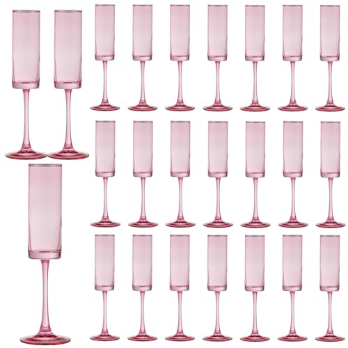 24 Pieces Pink Champagne Flutes 6 OZ Straight Sided Wine Glasses Champagne Long Stem Drinking Colored Glasses (24 Count)