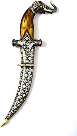 Purpledip Decorative Mini-Sword for Ceremonial Or Ornamental Use: Antique Elephant Design with Camelbone Hilt, Damascus Steel Blade, Silver Inlay Scabbard, 12 inches (A20014)