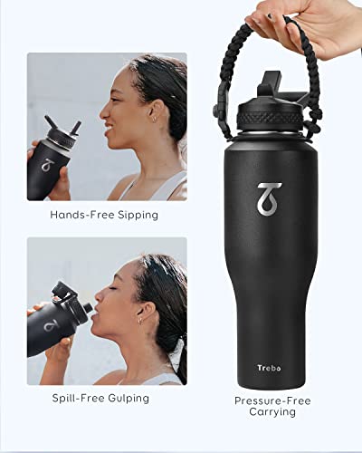 40 oz Water Bottle Insulated Fit in Any Car Cup Holder with 2 Lids (40 Ounces / Black)