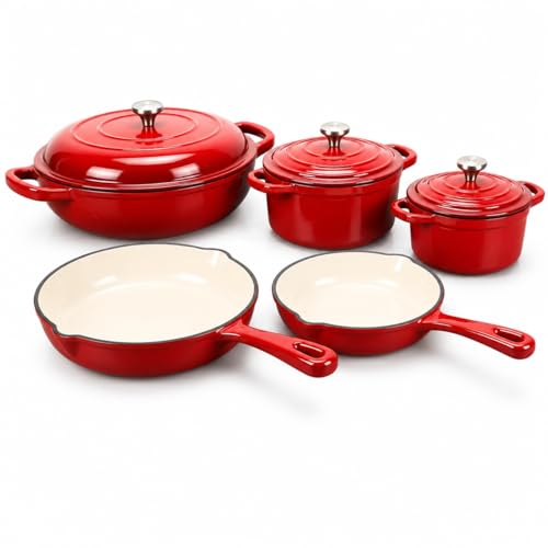5 Piece Red Enameled Cast Iron Cookware Set