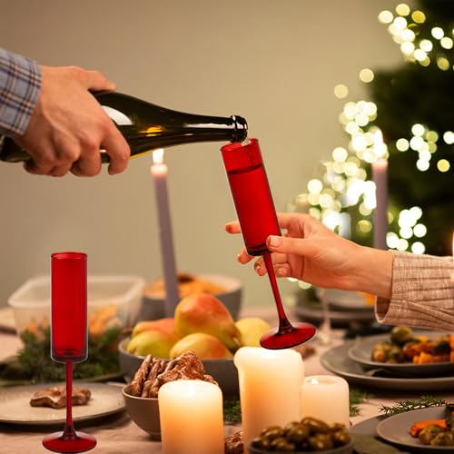 12 Pieces Red Champagne Flutes 6 OZ Straight Sided Wine Glasses Champagne Long Stem Drinking Colored Glasses (12 Count)