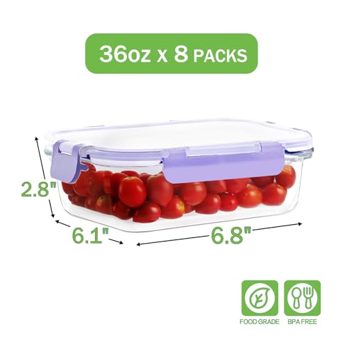 8 Pack 36oz Large Glass Meal Prep Containers with Leak Proof Snap (Purple / 8 Pack 36oz)