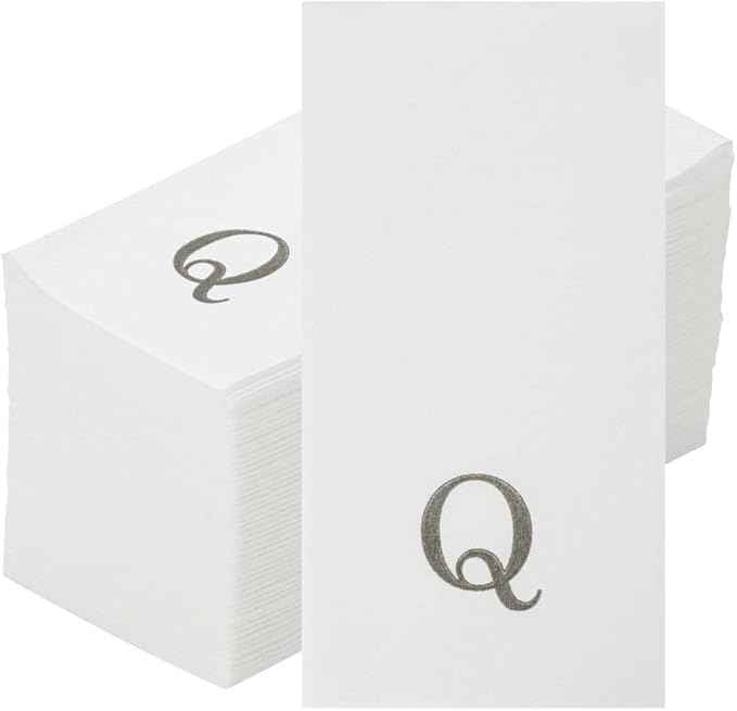 Luxenap 15.8 X 7.9 Inch Linen-Feel Guest Towels, 50 Lettered Hand Towels - Silver Letter 'Q', Sans Serif Font, White Paper Dinner Napkins, airlaid, For Restrooms And Tables - Restaurantware