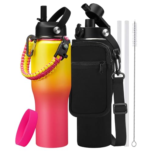32 oz Travel Coffee Mug & Water Bottle Fits Car Cup Holder Straw Spout Lids (Yellow Pink / 32 Ounces)
