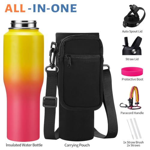 32 oz Travel Coffee Mug & Water Bottle Fits Car Cup Holder Straw Spout Lids (Yellow Pink / 32 Ounces)