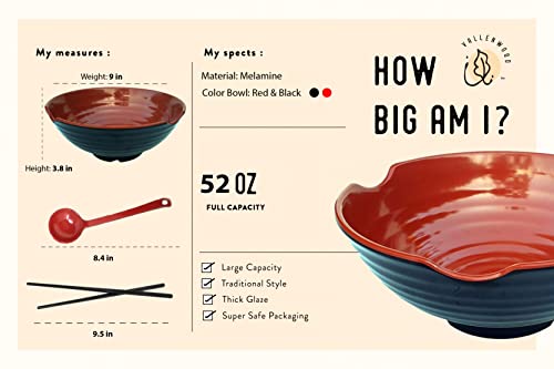 4 XL Ramen bowl set. 12 Pieces Pho Bowls. Asian Japanese soup. Utensil (9 inch x4 / Red Black)