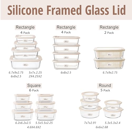 Glass Food Storage Containers with Glass Lids (‎Ivory White -4p)
