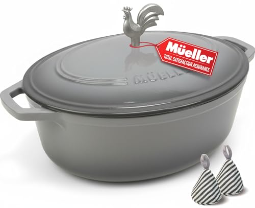 5.5 Quart Enameled Cast Iron Oval Dutch Oven with Rooster Knob & Cotton Potholders