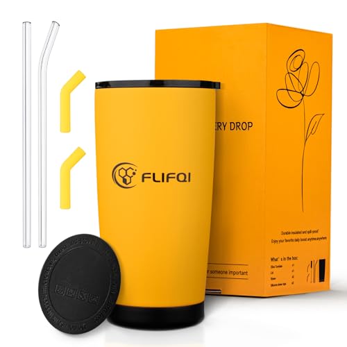 20oz Tumbler with Lid Double Wall Vacuum Insulated Travel Coffee Mug Stainless Steel Thermal Cup Powder Coated Sturdy Coffee Tumbler Gift for Hot and Cold Beverage (20 Ounces / Yellow-GIFT SET)