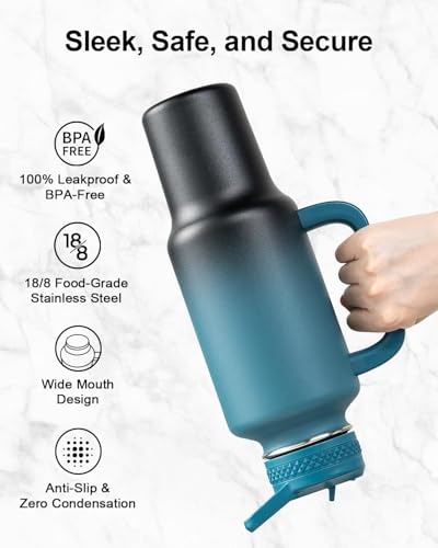 Insulated Water Bottle 40 oz Fits in Car Cup Holder with Side Handle (40 Ounces / Indigo Black)