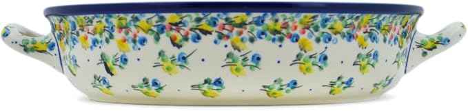 Polmedia Polish Pottery Round Baker with Handles 10-inch UNIKAT - Blueberry Season Pattern Handmade in Boleslawiec Poland by Ceramika Artystyczna + Certificate of Authenticity