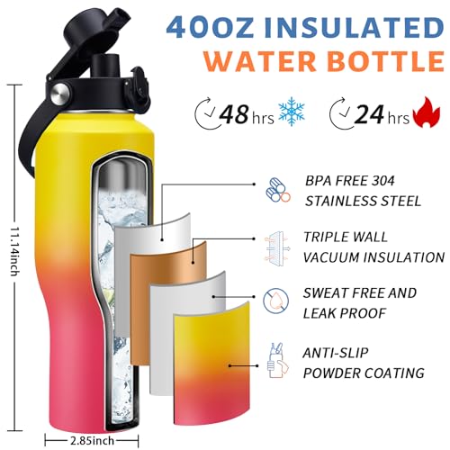 32 40 oz Water Bottle with Straw & Spout Lid (Yellow Pink / 40 Ounces)
