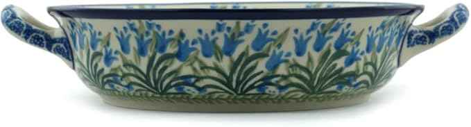 Polish Pottery Round Medium Baker with Handles (Feathery Bluebells) made by Ceramika Artystyczna