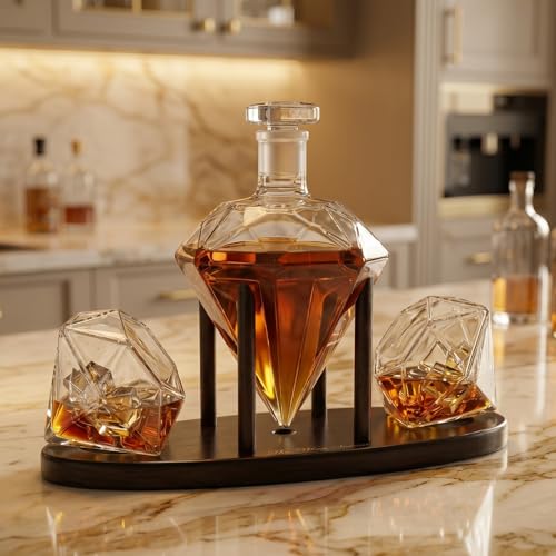 Diamond Whiskey Decanter with 2 Diamond Glasses Set