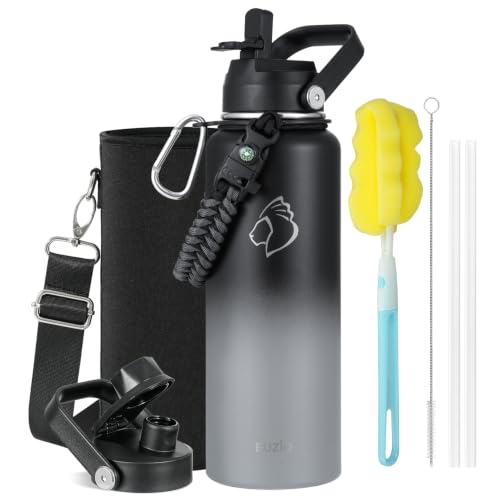 40 oz Insulated Water Bottle with Paracord Handle & Straw Spout Lids (40 Ounces / Shadow)