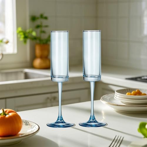 24 Pieces Blue Champagne Flutes 6 OZ Straight Sided Wine Glasses Champagne Long Stem Drinking Colored Glasses (24 Count)