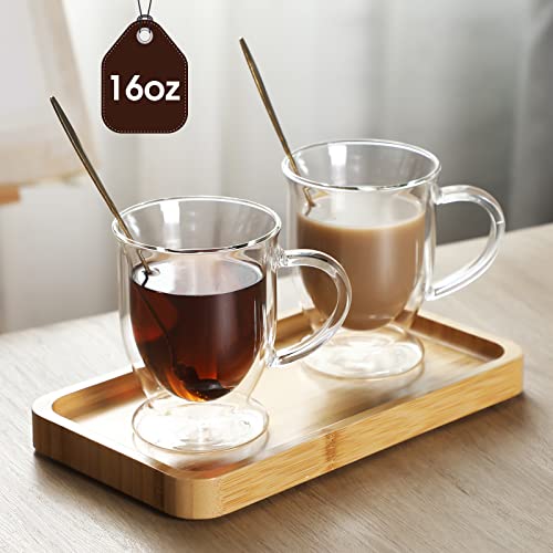 6 Sets Double Wall Glass Coffee Mugs with Spoon Insulated Clear Coffee Mug with Handle Borosilicate Glass Coffee Cups Latte Cup for Cappuccino (16 OZ)