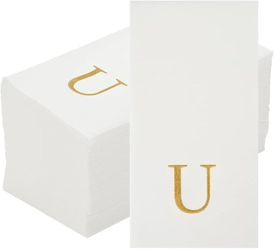 Luxenap 15.8 X 7.9 Inch Linen-Feel Guest Towels, 50 Lettered Hand Towels - Gold Letter 'U', Sans Serif Font, White Paper Dinner Napkins, airlaid, For Restrooms And Tables