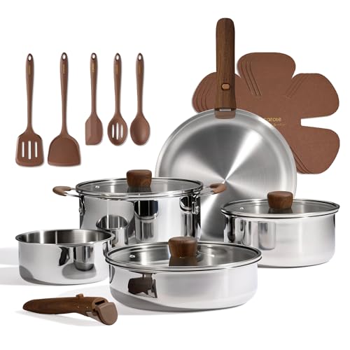 19pcs Tri Ply Stainless Steel Cookware Set with Detachable Handle