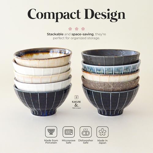 Set of 5 Japanese Ceramic Striped Ichichin Rice Bowls (White)