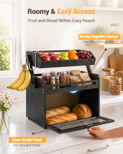 Bread Box for Kitchen Countertop (Black)
