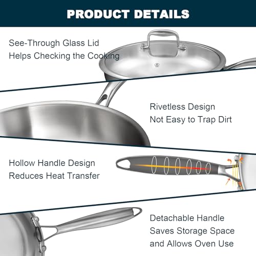 Tri Ply Stainless Steel Frying Pans Set with Lid