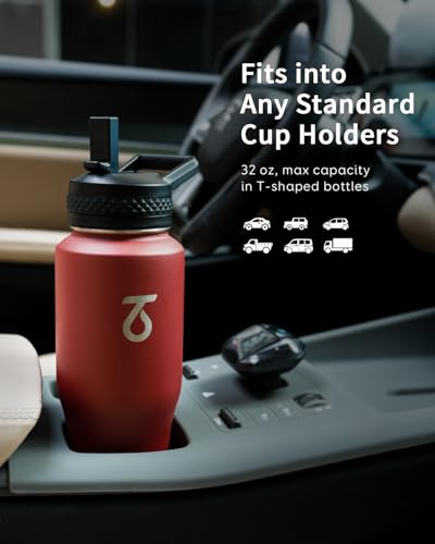 32 oz Water Bottle Insulated Fits in Any Car Cup Holder with 2 Lids (32 Ounces / Red)