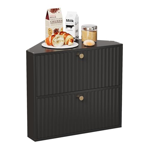 Corner Bread Box for Kitchen Countertop Bamboo Two Layer Large Capacity Bread Storage Bin Vintage Storage for Homemade Bread (Black)