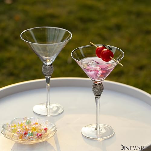 2 Piece Premium Clear Stem Crystal Martini Glasses with Silver Rim and Diamond