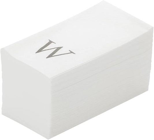 Luxenap 15.8 X 7.9 Inch Linen-Feel Guest Towels, 50 Lettered Hand Towels - Silver Letter 'W', Sans Serif Font, White Paper Dinner Napkins, airlaid, For Restrooms And Tables - Restaurantware