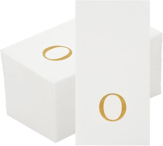 Luxenap 15.8 X 7.9 Inch Linen-Feel Guest Towels, 50 Lettered Hand Towels - Gold Letter 'O', Sans Serif Font, White Paper Dinner Napkins, airlaid, For Restrooms And Tables