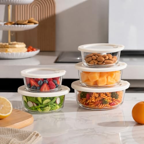 Glass Food Storage Containers with Glass Lids (Ivory White -5p)