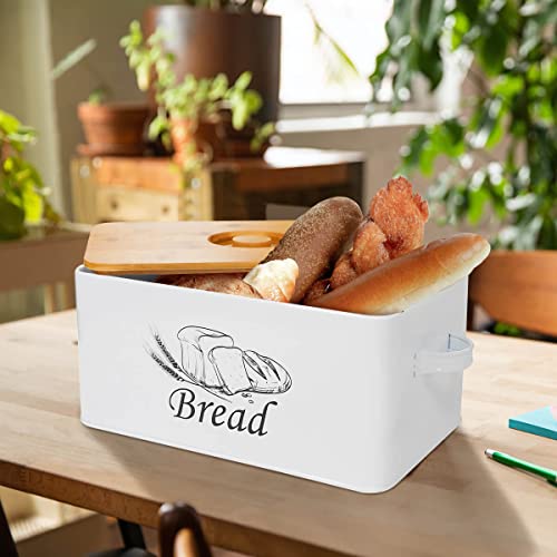 Bread Box with 3pcs Jars Coffee Sugar Tea for Kitchen Countertop White Metal Bread Box with Bamboo Board Cover Pastry Storage Container Set Kitchen decor (White Box)