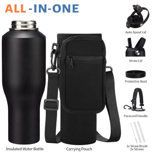 40 oz Insulated Water Bottle Fits Car Cup Holder with Straw Lid & Auto Lid (Onyx Black / 40 Ounces)