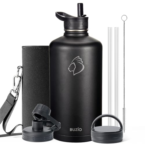 1 Gallon Water Bottle Insulated with Straw & 3 Lids (128 Ounces / Black)