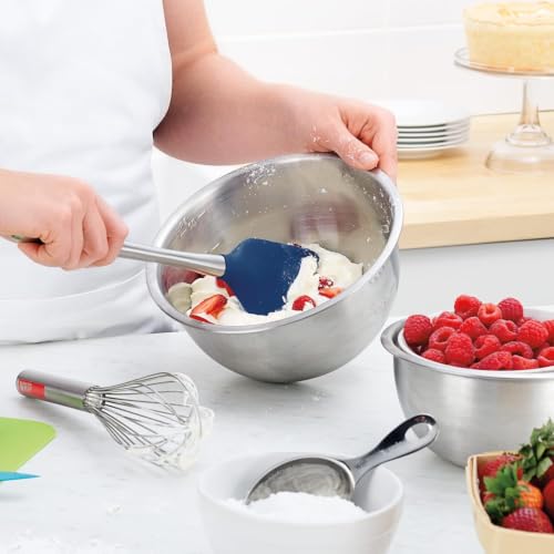 Silicone Cooking Utensil Set of 6 Stainless Steel Handle Ladle Slotted Turner Tongs Flex Core Spatula Scraper Mixing Spoon & Potato Masher (Deep Indigo)