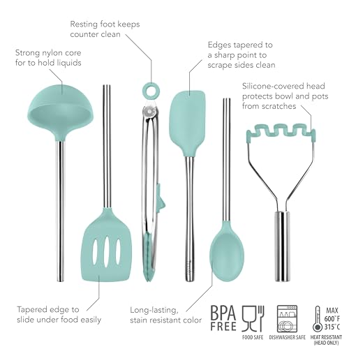 Silicone Cooking Utensil Set of 6 Stainless Steel Handle Ladle Slotted Turner Tongs Flex Core Spatula Scraper Mixing Spoon & Masher (Aqua)
