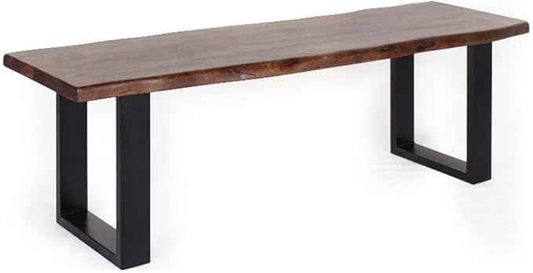 Pemberly Row 55" L Solid Wood Live Edge Dining Bench, Brown & Black Finish, Acacia Wood, Heavy Steel Sled Base, Industrial Modern Style, Scratch-Resistant, Kitchen or Dining Room Seating
